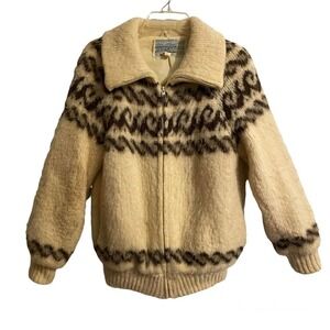Eider Knit Jacket Women Sz Medium Cream Wool Bomber Vintage Icelandic Boho Flaws